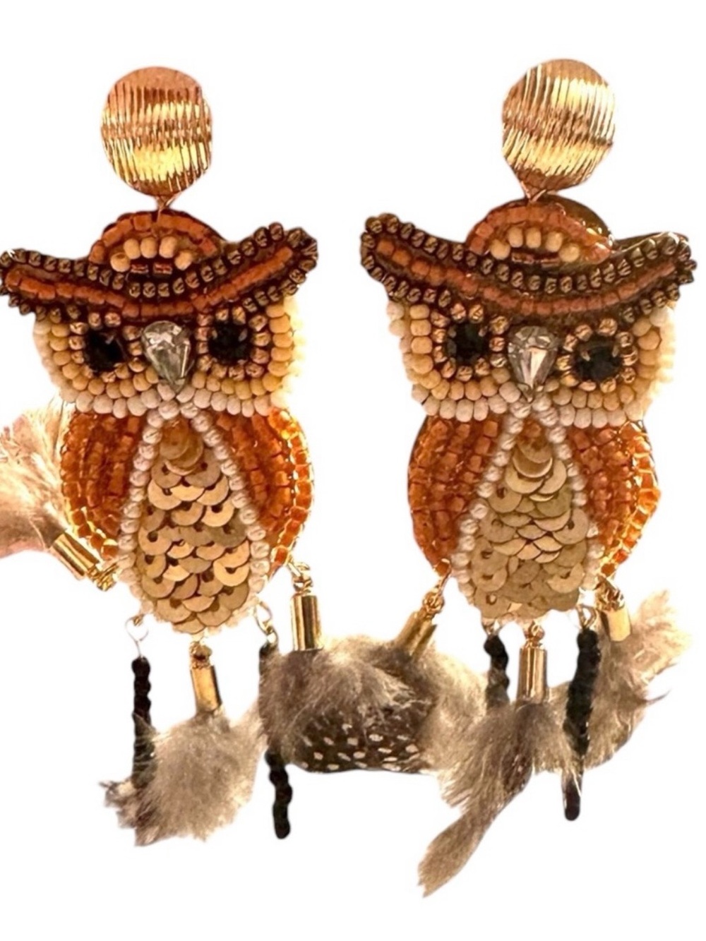 Chico's Owl Earrings, beads, sequins, feathers- NWT